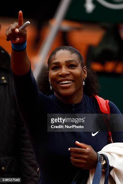 Serena Williams of US reacts during the match against Yulia Putintseva of Kazakhstan during the women's single quarter final match at the French Open...