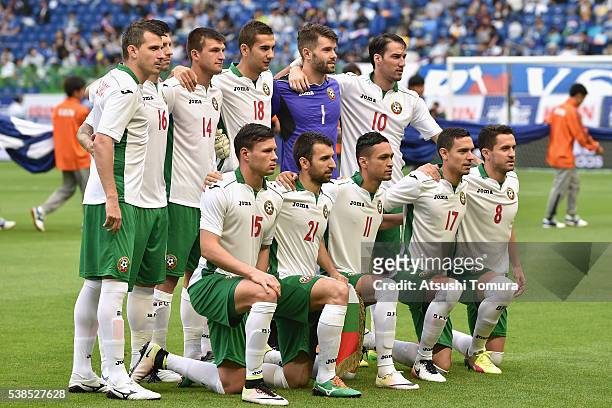 Bulgaria players line up for the team photos prior to the international friendly match between Denmark and Bulgaria at the Suita City Football...