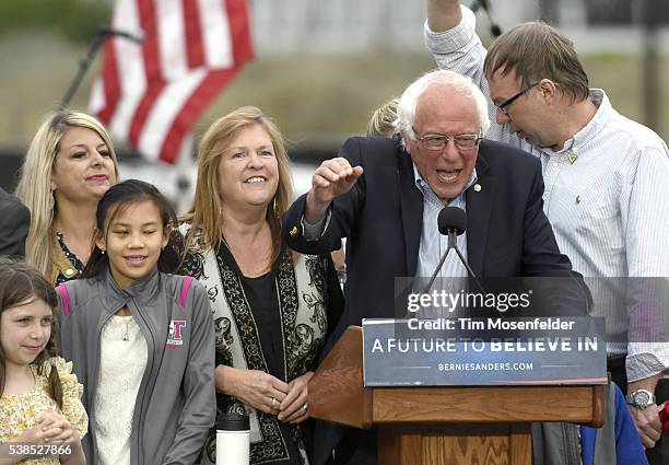 Bernie Sanders speaks at his A future to believe in San Francisco GOTV Concert at Crissy Field San Francisco on June 6, 2016 in San Francisco,...