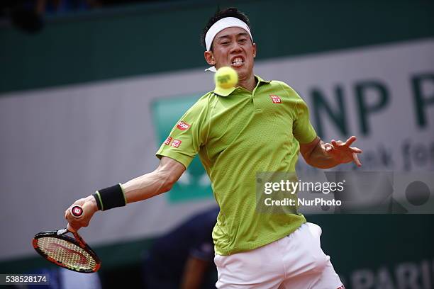 Kei Nishikori of Japan during the Men's Singles third round match against Fernando Verdasco of Spain on day six of the 2016 French Open at Roland...