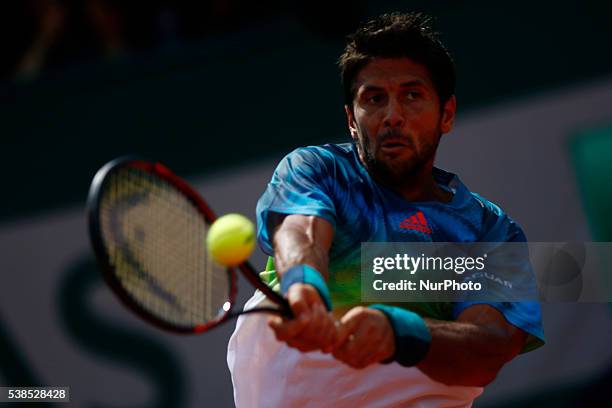 Fernando Verdasco of Spain during the Men's Singles third round match against Kei Nishikori of Japan on day six of the 2016 French Open at Roland...