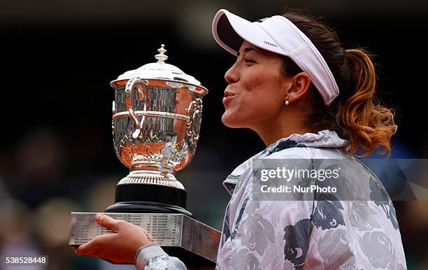 Garbine Muguruza of Spain celebrates victory during the Ladies Singles final match against Serena Williams of the United States on day fourteen of...