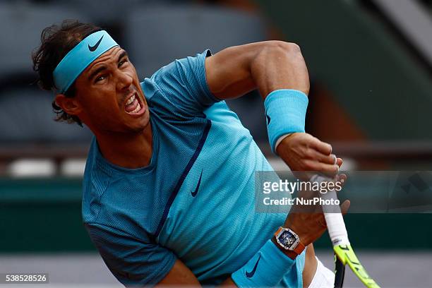 Rafael Nadal of Spain during his men's single second round match against Facundo Bagnis of Argentina on day five of the 2016 French Open at Roland...