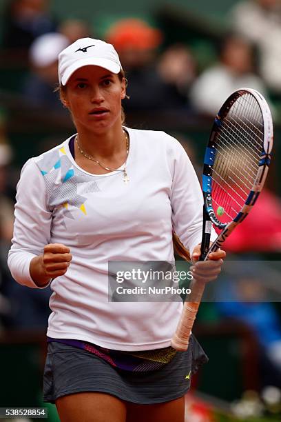 Yulia Putintseva of Kazakhstan reacts during the match against Serena Williams US during the women's single quarter final match at the French Open...