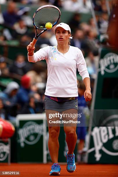 Yulia Putintseva of Kazakhstan reacts during the match against Serena Williams US during the women's single quarter final match at the French Open...