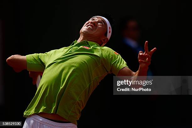 Kei Nishikori of Japan during the Men's Singles third round match against Fernando Verdasco of Spain on day six of the 2016 French Open at Roland...