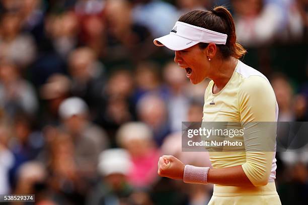 Garbine Muguruza of Spain during the Ladies Singles final match against Serena Williams of the United States on day fourteen of the 2016 French Open...