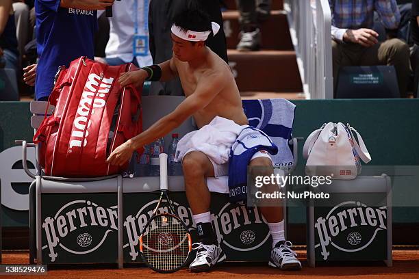 Kei Nishikori of Japan during the Men's Singles third round match against Fernando Verdasco of Spain on day six of the 2016 French Open at Roland...