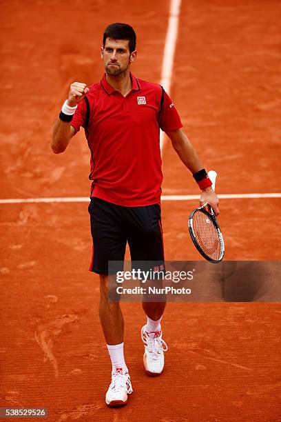 Novak Djokovic of Serbia during the Men's Singles semi final match against Dominic Thiem of Austria on day thirteen of the 2016 French Open at Roland...