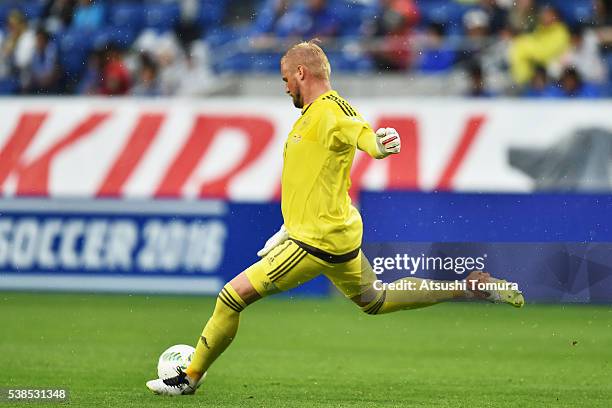 Kasper Schmeichel of Denmark in aciton during the international friendly match between Denmark and Bulgaria at the Suita City Football Stadium on...