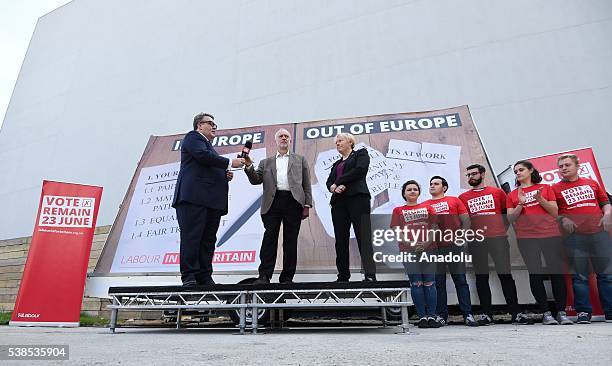 Tom Watson , Labour Party Leader Jeremy Corbyn and Angela Eagle launch new poster for the Labour In for Britain campaign to Remain in the EU in...