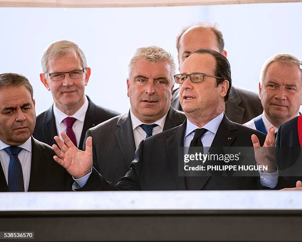 French President François Hollande delivers a speech during a ceremony for the laying of the foundation stone of LFB pharmaceutical biotechnology...