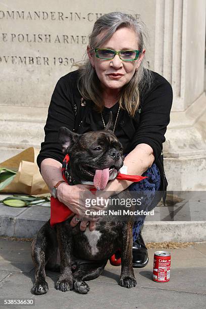 Carrie Fisher and her dog Gary arrive for the Humane Society Petition photocall at The Chinese Embassy on June 7, 2016 in London, England.
