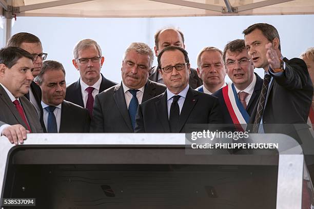 French President François Hollande attends a ceremony for the laying of the foundation stone of LFB pharmaceutical biotechnology group's new...