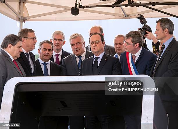 French President François Hollande attends a ceremony for the laying of the foundation stone of LFB pharmaceutical biotechnology group's new...