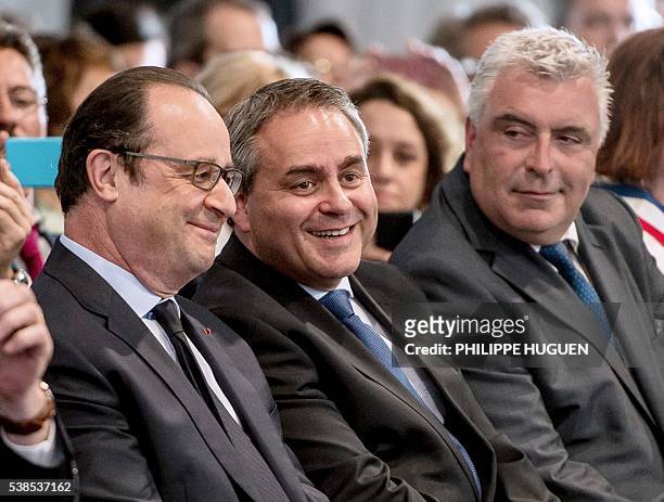 French President François Hollande attends a ceremony for the laying of the foundation stone of LFB pharmaceutical biotechnology group's new...