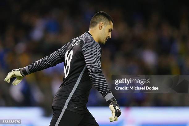 Socceroos goalkeeper Adam Federici reacts after conceding a long range goal by Ioannis Maniatis of Greece during the International Friendly match...