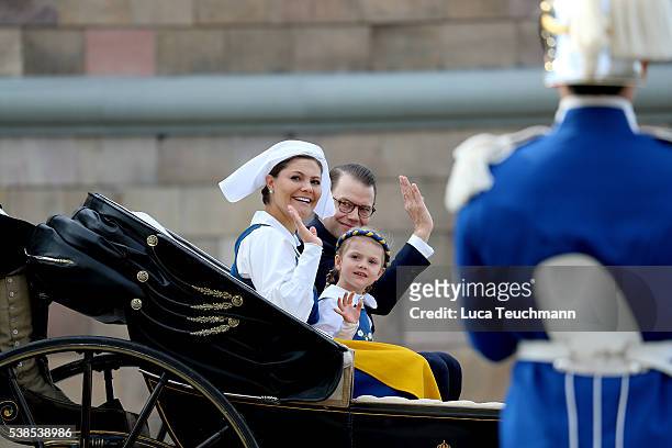 Crown Princess Victoria of Sweden; Princess Estelle, Duchess of Östergötland and Prince Daniel of Sweden, Duke of Vastergotland attend the National...
