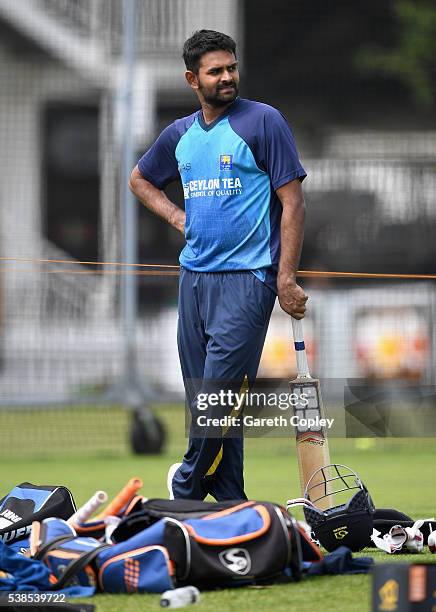 Lahiru Thirimanne of Sri Lanka waits to bat during a nets session ahead of the 1st Investec Test match between England and Sri Lanka at Lord's...