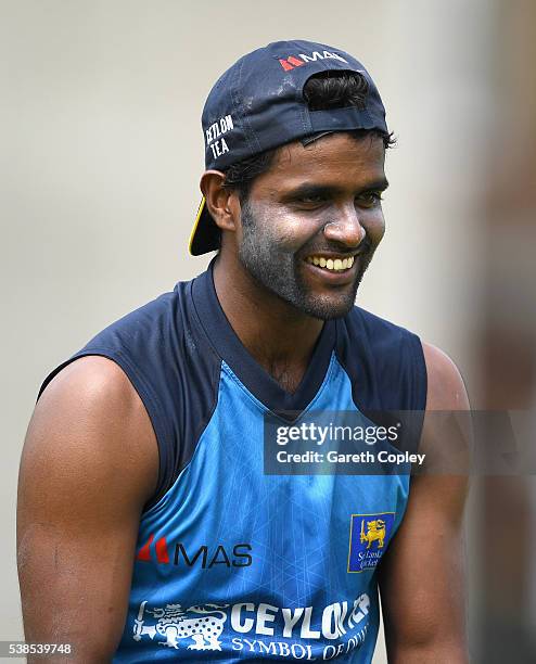 Shaminda Eranga of Sri Lanka during a nets session ahead of the 1st Investec Test match between England and Sri Lanka at Lord's Cricket Ground on...