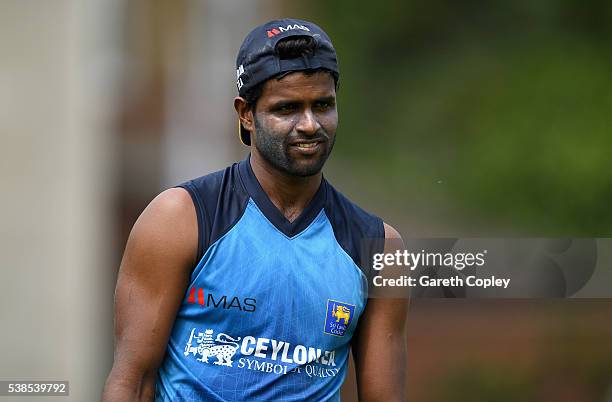 Shaminda Eranga of Sri Lanka during a nets session ahead of the 1st Investec Test match between England and Sri Lanka at Lord's Cricket Ground on...