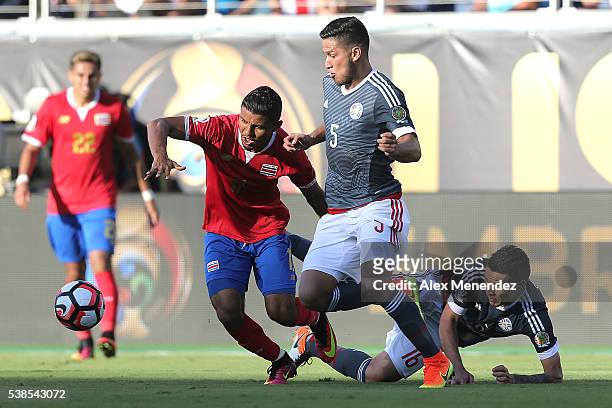 Bryan Ruiz of Costa Rica and Bruno Valdez of Paraguay chase the ball during the 2016 Copa America Centenario Group A match between Costa Rica and...