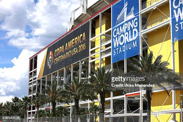Copa America banners are seenduring the 2016 Copa America Centenario Group A match between Costa Rica and Paraguay at Camping World Stadium on June...