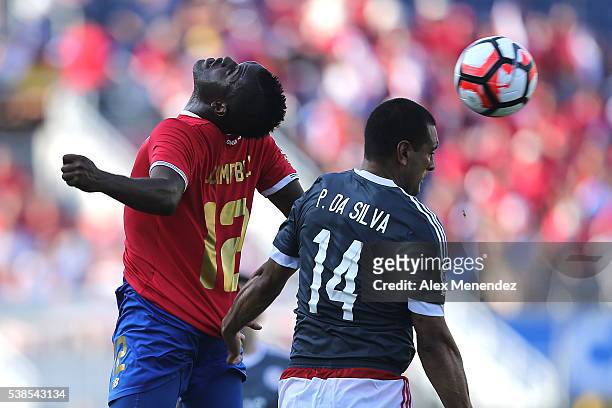 Joel Campbell of Costa Rica and Paulo da Silva of Paraguay fight for the bad during the 2016 Copa America Centenario Group A match between Costa Rica...