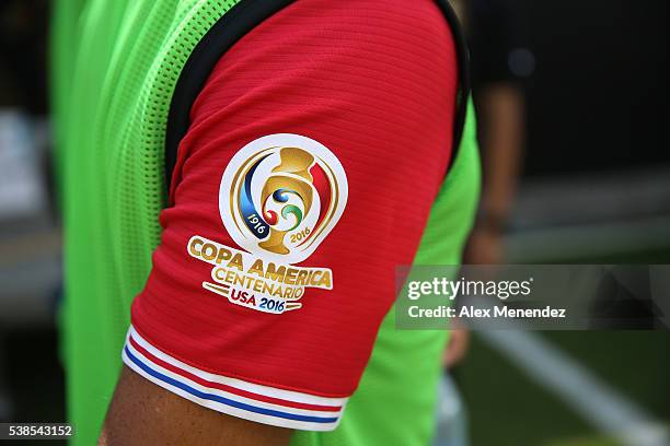 Copa America patch is seen on the arm of a player during the 2016 Copa America Centenario Group A match between Costa Rica and Paraguay at Camping...