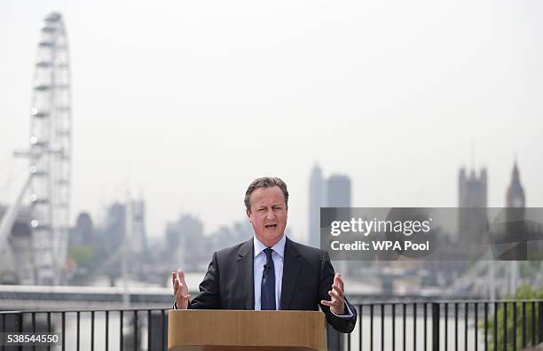 British Prime Minister David Cameron delivers a speech on the upcoming EU referendum at the Savoy Place on June 7, 2016 in London, United Kingdom....