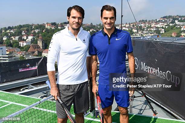 Roger Federer of Switzerland and Tommy Haas of Germany at a PR Promotion for the Mercedes Cup on the roof top of the still in construction Cloud 7...