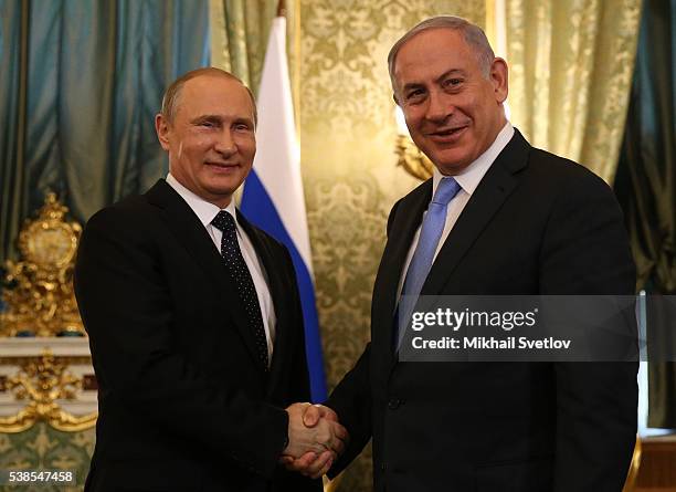 Russian President Vladimir Putin greets Israeli Prime Minister Benjamin Netanyahu at the Grand Kremlin Palace on June 7, 2016 in Moscow, Russia. In...