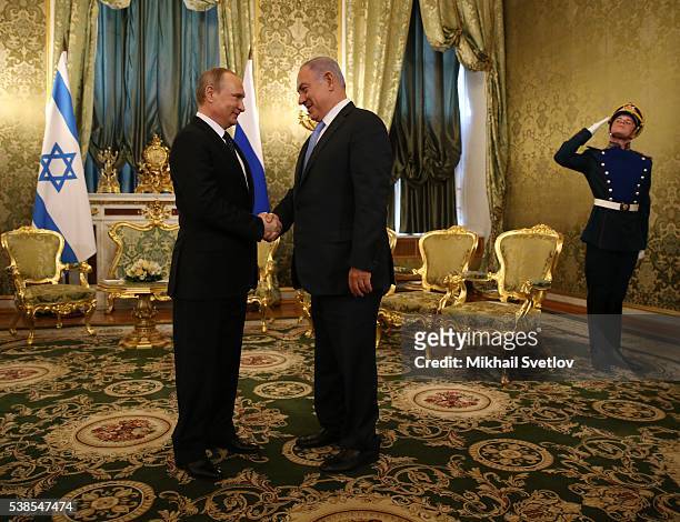 Russian President Vladimir Putin greets Israeli Prime Minister Benjamin Netanyahu at the Grand Kremlin Palace on June 7, 2016 in Moscow, Russia. In...