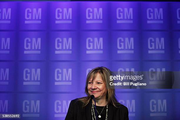 Mary Barra, Chairman and CEO of General Motors, holds a media briefing at the 2016 GM Annual Meeting of Shareholders on June 7, 2016 in Detroit,...