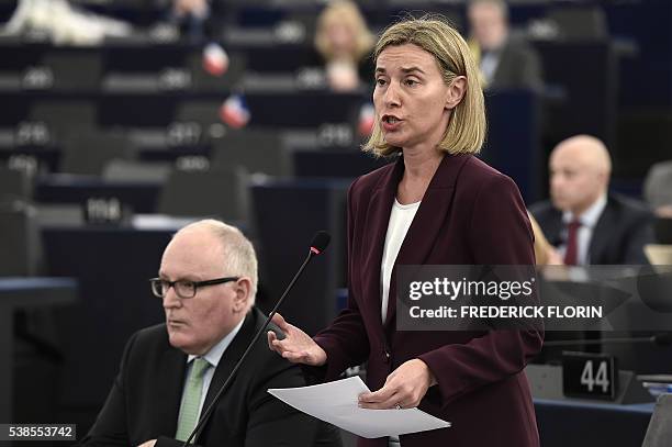 European Union foreign policy chief Federica Mogherini speaks next to first Vice President of the European Commission Frans Timmermans during a...