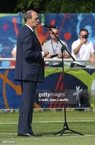 Mayor of Chantilly Eric Woerth welcomes team of England before their first practice session in France ahead of the Euro 2016 at Stade des Bourgognes...