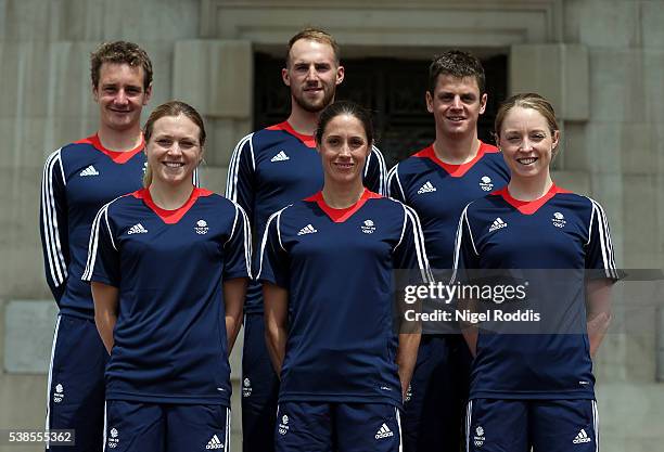 Alistair Brownlee,Vicky Holland, Gordon Benson, Helen Jenkins, Jonathan Brownlee and Non Stanford of Great Britain pose for a photo during the...