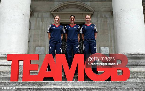 Vicky Holland, Helen Jenkins and Non Stanford of Great Britain pose for a photo during the announcement of Triathlon Athletes Named in Team GB for...