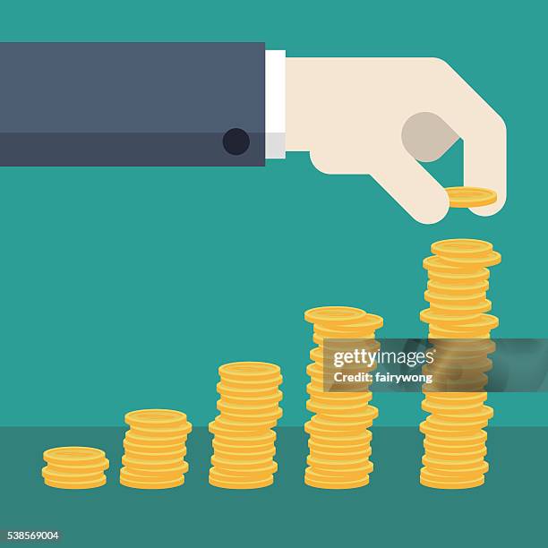 business hand with stack of coins - coins stock illustrations