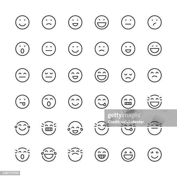 ilustraciones, imágenes clip art, dibujos animados e iconos de stock de emoticons juego 1/línea fina de la serie - sonrisa