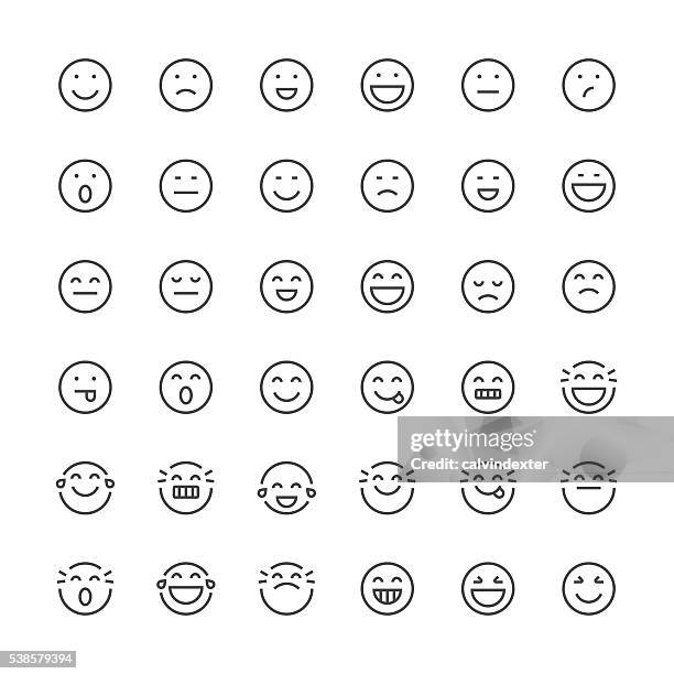 ilustraciones, imágenes clip art, dibujos animados e iconos de stock de emoticons juego 1/línea fina de la serie - alegria