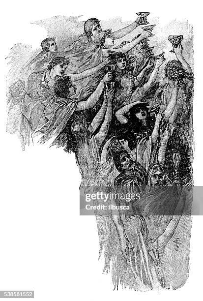antique illustration of people with chalices - chalice drawing stock illustrations