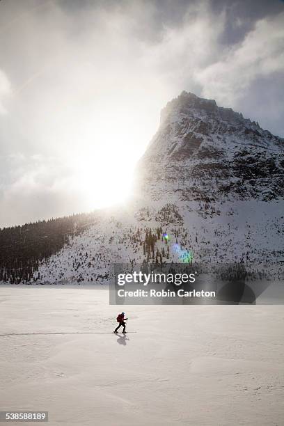 a woman skiing on two medicine lake in front of sinopah mountain in glacier national park, montana. - us glacier national park stockfoto's en -beelden