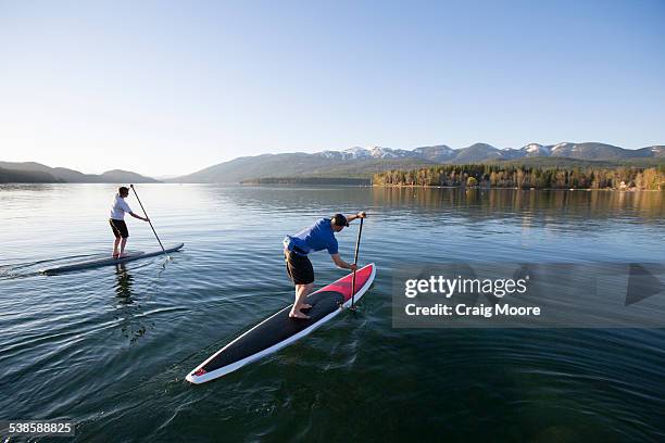 a fit male and female stand up paddle board (sup) at sunset on whitefish lake in whitefish, montana. - whitefish lake stock pictures, royalty-free photos & images