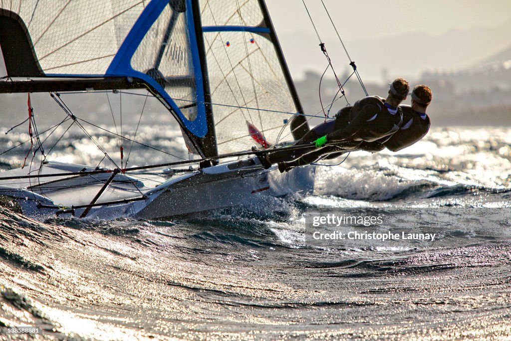 49erFX pair training during a sunny and windy day in Marseille, France.