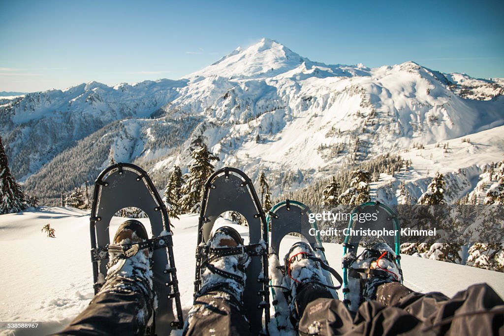 Winter snowshoes in front of Mount Baker.