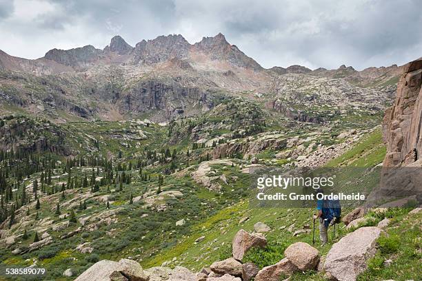 a hiker looks out over the weminuche wilderness backcountry. - silverton colorado foto e immagini stock