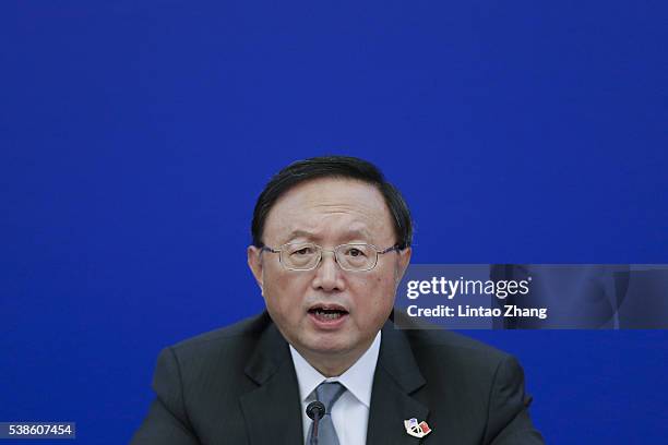 Chinese State Councilor Yang Jiechi speaks during the closing ceremony of the eighth round of US-China Strategic and Economic Dialogue at the Great...