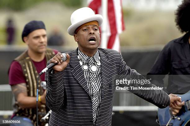 Angelo Moore of Fishbone performs during Bernie Sanders, "A future to believe in San Francisco GOTV Concert" at Crissy Field San Francisco on June 6,...