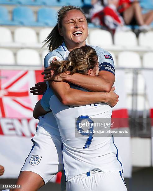 Ellen White of England celebrates scoring the second goal with the team captain Stephanie Houghton during the UEFA Women's European Championship...